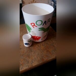 White 'ROAR' Dinosaur Wastebasket with Leaf Print